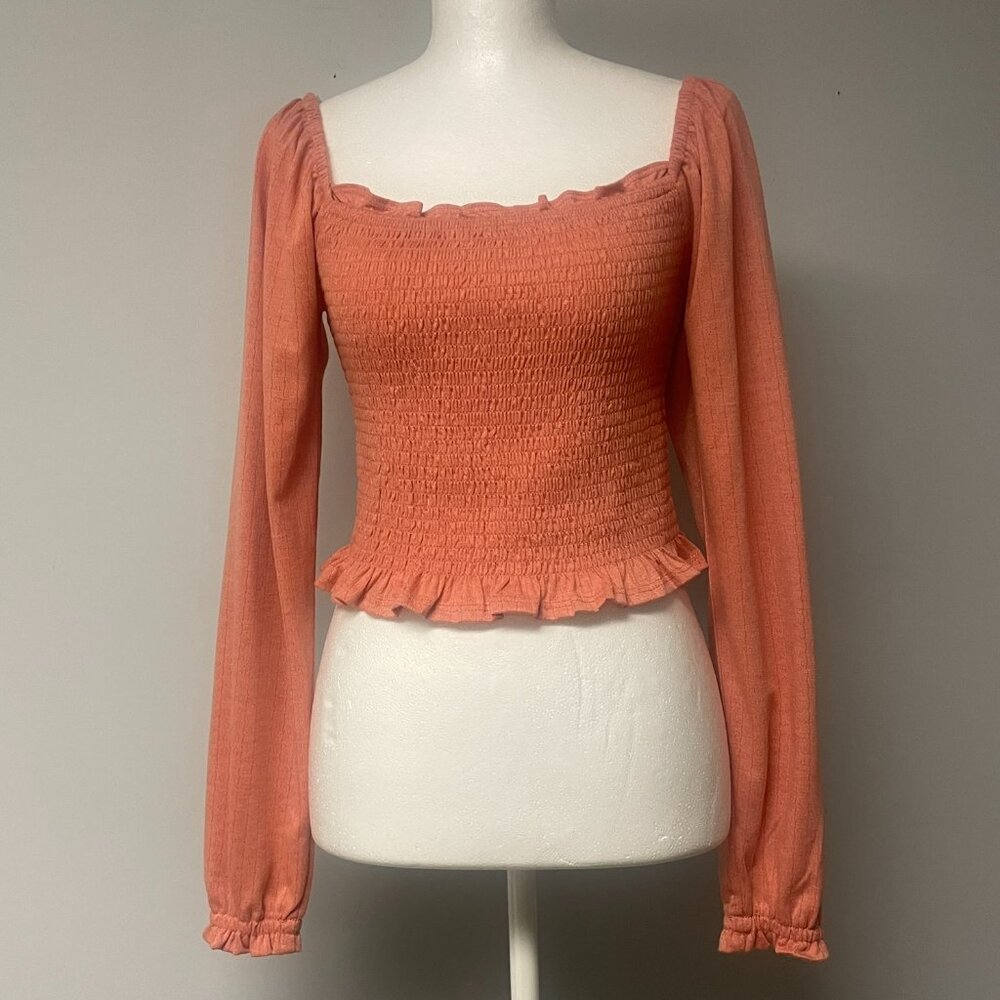 Womens Small Milkmaid Coquette Smocked Top Square Neck Long Sleeve Festival